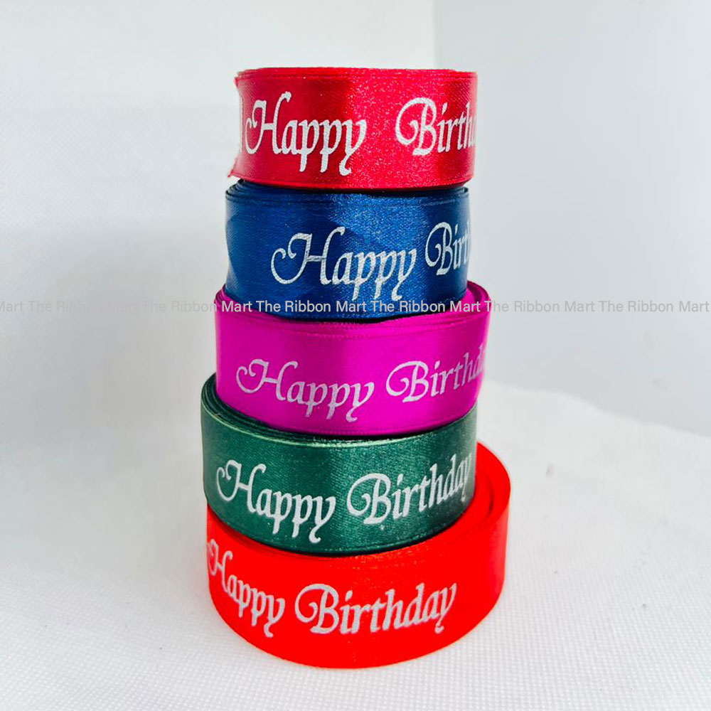 Happy Birthday Ribbon Printed in Variegated Colours on White Satin